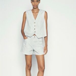 ZARA WOMAN | Striped Vest Green White V-Neck Button Front Top